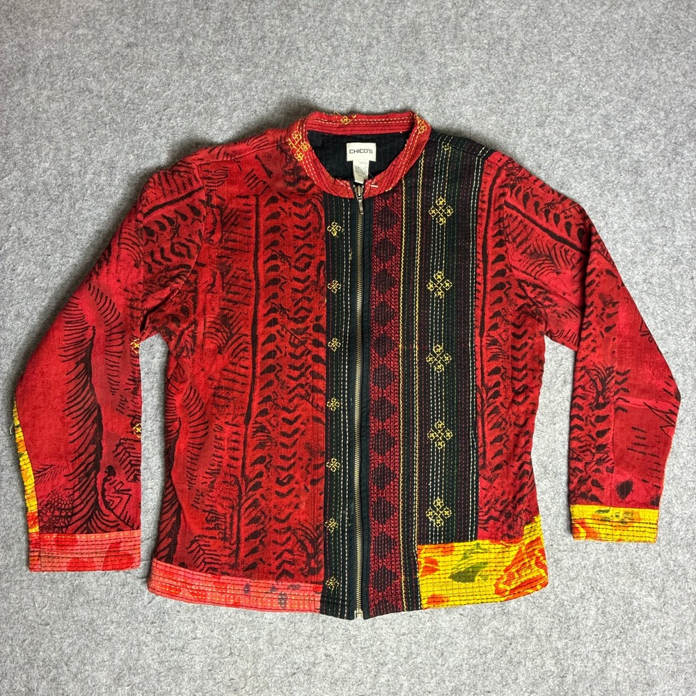 Chicos Womens Size 1 M Red Kantha Quilted Patchwork Zip Front Jacket Cotton Boho